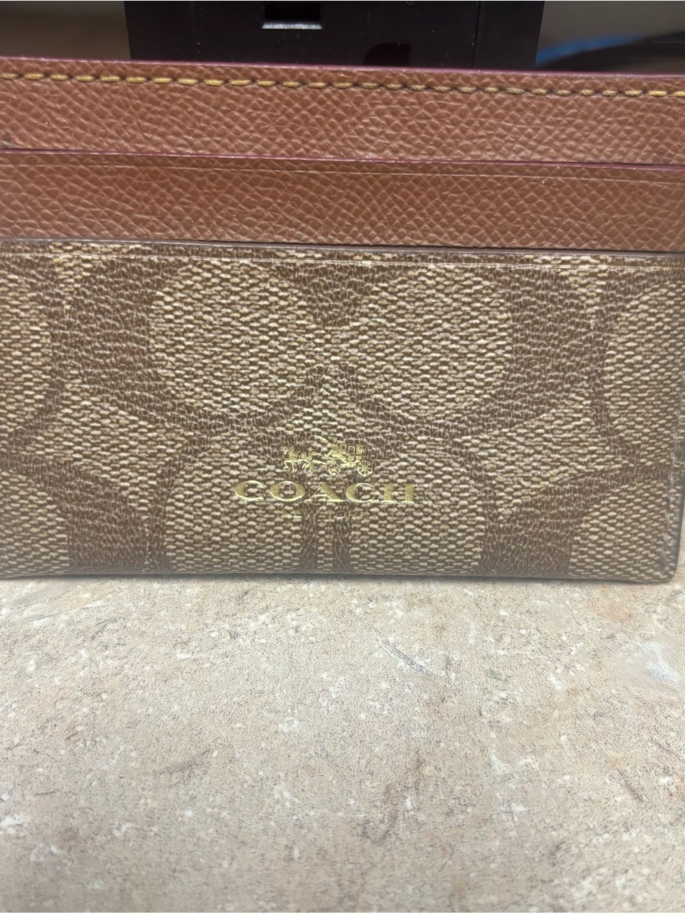 Coach Brown Signature Canvas Card Case with Leather Trim